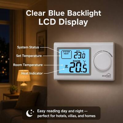Riseem Digital Display Style Boiler Room Thermostat with Temperature Control and Programmable Function