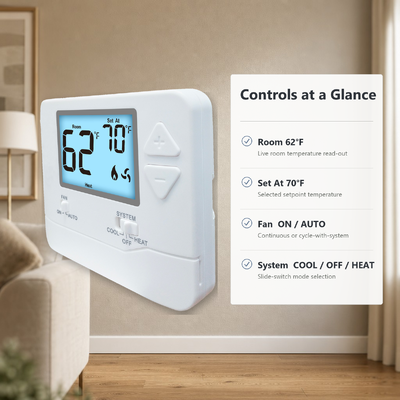 24V or Batteries Operated Physical Dimensions 4.72 W X 3.85 H X 1.06 D LCD Non Programmable Thermostat for Conventional Heating Cooling Systems 1H 1C Stages