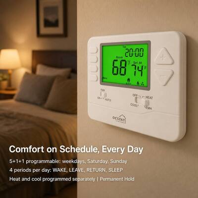Stages H C Conventional 2H 1C Heat Pump 7 Day Programmable Thermostat Powered by 2 AAA Alkaline Batteries or 18 to 30 VAC NEC Class II System Operation Mode EM HEAT