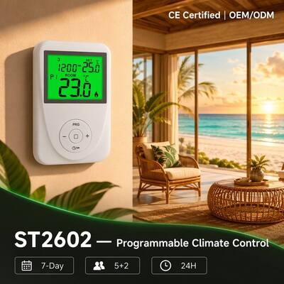 130 X 86 X 28 Mm Ruang Pemanasan Lantai 7 Hari Termostat yang dapat diprogram untuk sistem pemanas lantai Tampilan Rentang suhu 0 ° C 40 ° C dalam peningkatan 0,1 ° C