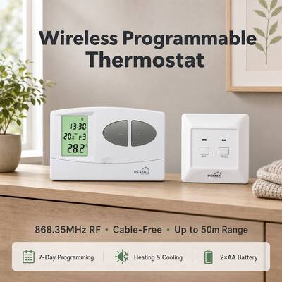 Thermostat ruangan konvensional atau boiler nirkabel 7 hari dengan ukuran penerima kompak 86 x 86 x 26 mm dan konsumsi daya 6W