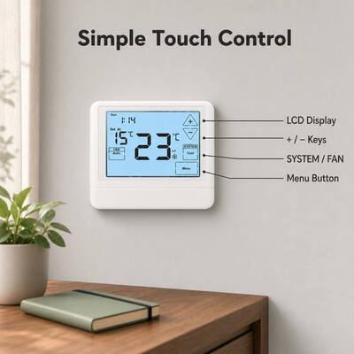 24V Wired Programmable Heat Pump Thermostat Menyediakan Perlindungan Penundaan Kompresor 5 Menit Dirancang Untuk Penjadwalan HVAC