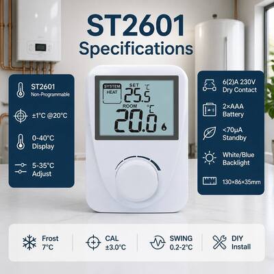Tampilan Rentang Suhu 3°C sampai 37°C Digital Room Boiler Thermostats Warna Putih Ukuran Kompak Solusi Manajemen Suhu