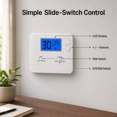 Termostat Ruangan Berkabel Material Perumahan ABS Riseem dengan Akurasi ±1C dan Mode Kontrol Manual/Otomatis