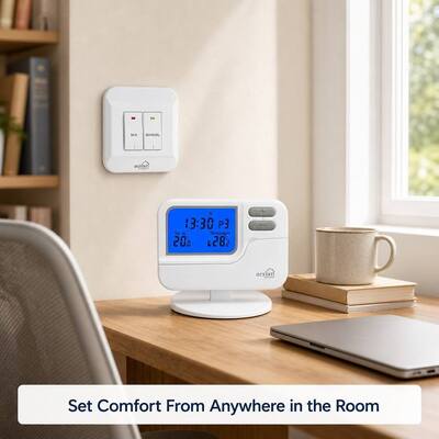 Riseem Putih ABS 868Mhz RF Ruang Wireless Programmable Thermostat Digital Pemanasan Dan Pendinginan OEM