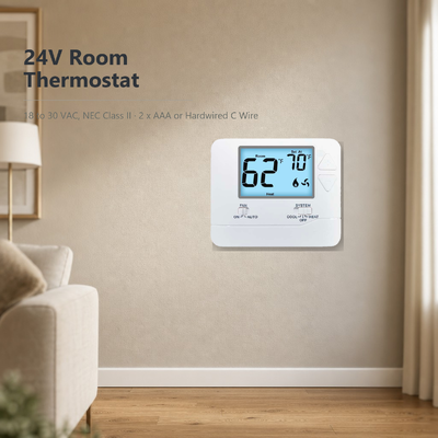 Dimensi Fisik 4,72 L X 3,85 T X 1,06 D Dioperasikan dengan Baterai 24V atau Baterai LCD Termostat Non-Programmable untuk Sistem Pemanasan Pendinginan Konvensional 1H 1C Tahap