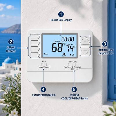 Pengontrol Suhu HVAC Layar LCD Besar 24V Termostat Berkabel 7 Hari 2 Panas 2 Dingin Daya Baterai
