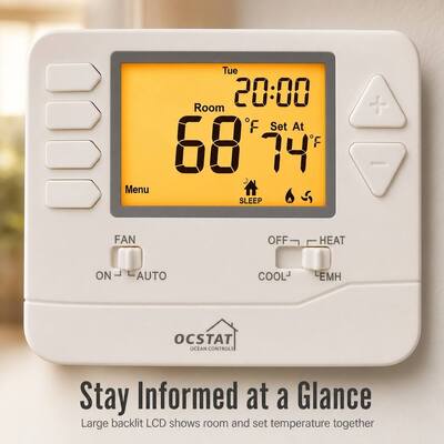 Penunjukan Terminal C 24V Pompa Panas Termostat Non-programabel Multi Tahap Beroperasi dengan Baterai Mode Operasi Sistem EMHEAT Peringkat Beban 1 Amp per Terminal Ideal untuk Kontrol HVAC