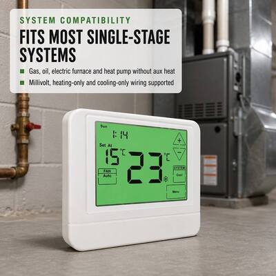 Termostat Berkabel yang Dapat Diprogram dengan Layar Sentuh 24V untuk Pemanasan dan Pendinginan, Dioperasikan dengan Baterai, Cocok untuk Sistem AC HVAC