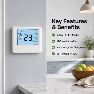 24V atau baterai-dioperasikan Pompa Panas 7 Hari 2 Panas 2 Dingin Layar Sentuh LCD termostat untuk Hotel dan Apartemen HVAC System