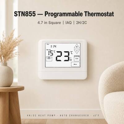 STN855 Layar sentuh LCD 24V Pompa Panas 7 Hari Diprogram 2 Panas Dingin Termostat EM Panas