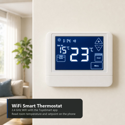 Termostat Ruangan LCD 24V dengan Lampu Latar 2 Pemanasan 2 Pendinginan Elektronik WIFI Smart TUYA Layar Sentuh 4H 2C Pompa Panas Dengan Atau Tanpa Fungsi Pemanasan Tambahan Atau Darurat