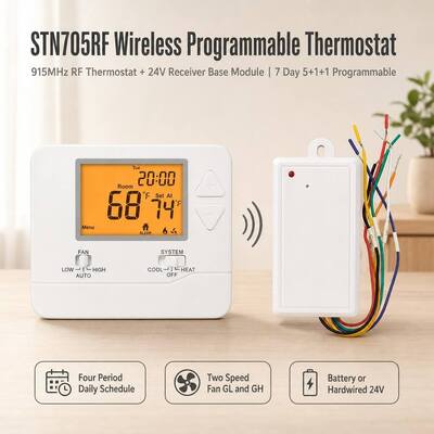 Pemanas dan Pendingin Beroperasi 24V atau Baterai 7 Hari Nirkabel Ruangan Tahap Tunggal PTAC RF Termostat untuk Sistem HVAC